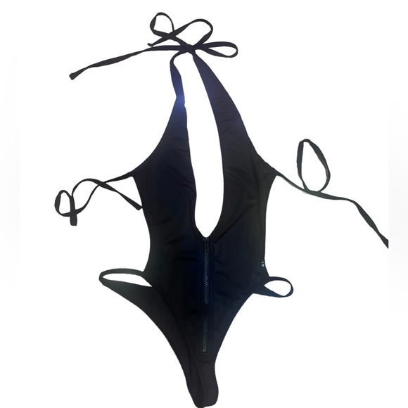 Small black string swimsuit bodysuit front zipper ties at neck and back sexy EUC - Picture 1 of 6